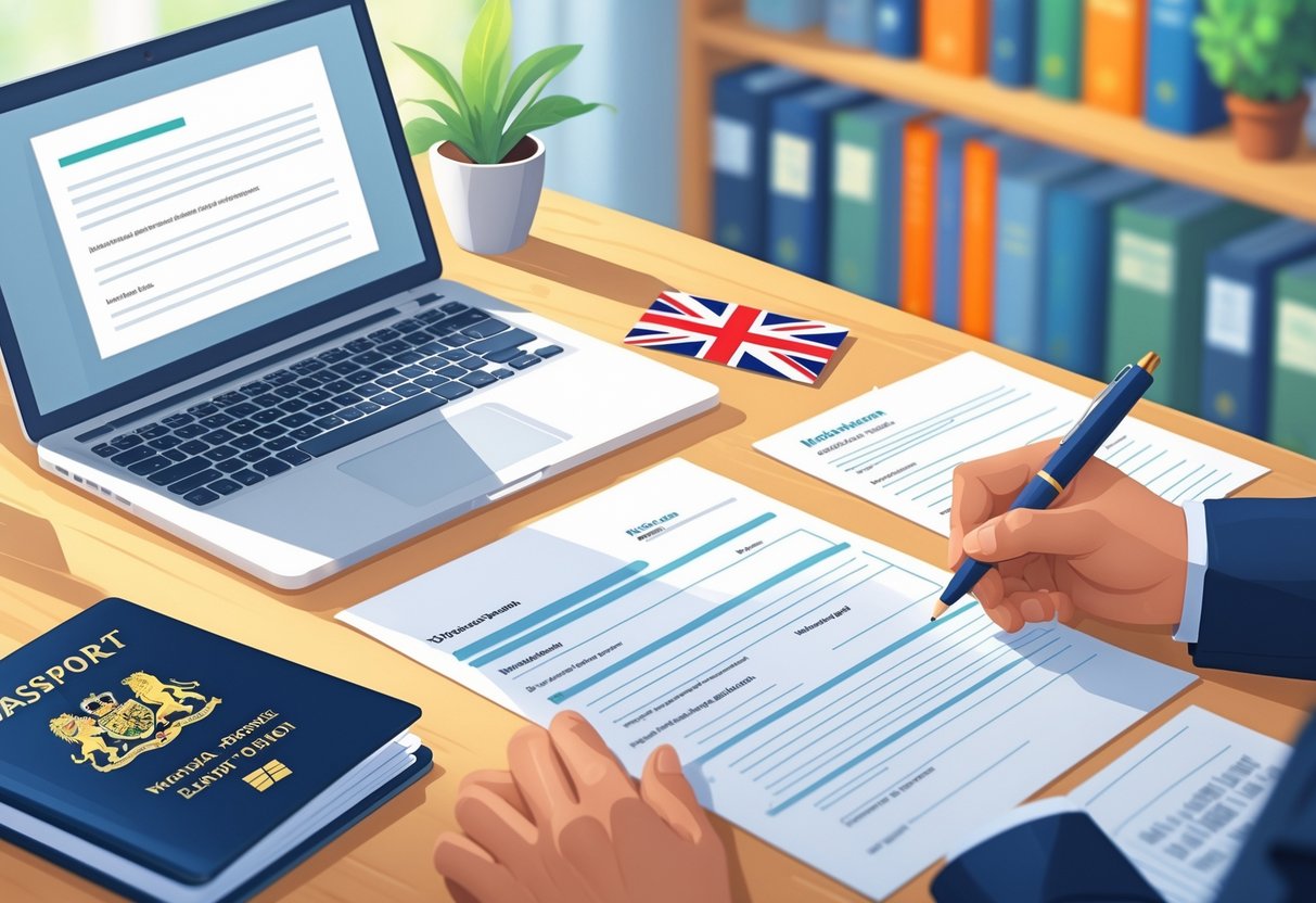 A workspace with a laptop, visa application papers, a passport, British flag pin, and hands writing on a letter.