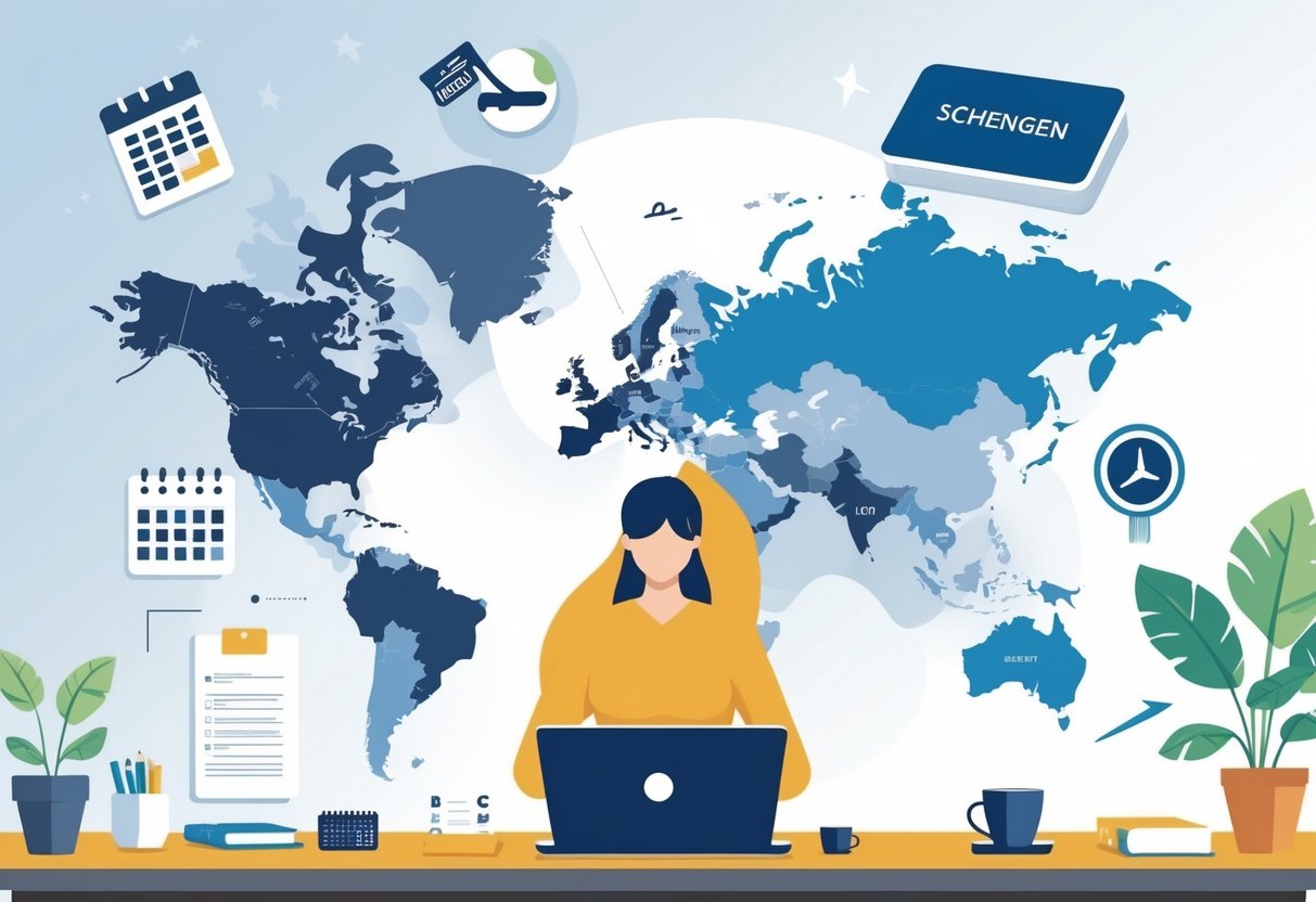A person typing on a laptop at a desk surrounded by icons of a checklist, calendar, passport, plane ticket, and map of Europe.