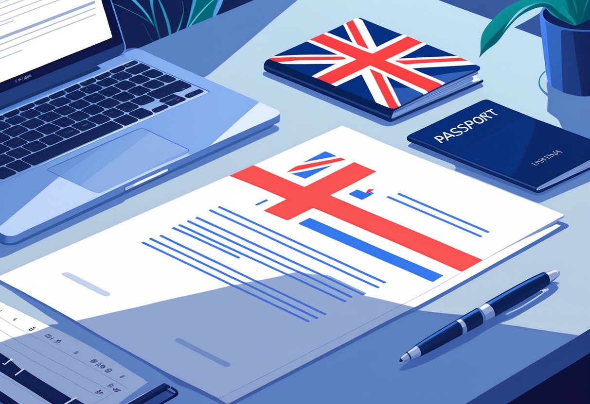 A tidy desk with a laptop, a printed cover letter featuring a faint UK flag watermark, a pen, and an open British passport, suggesting preparation for a UK visa application.