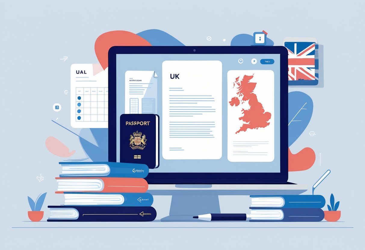 A tidy desk with documents, a pen, a UK passport, and a laptop showing a formal letter on the screen.