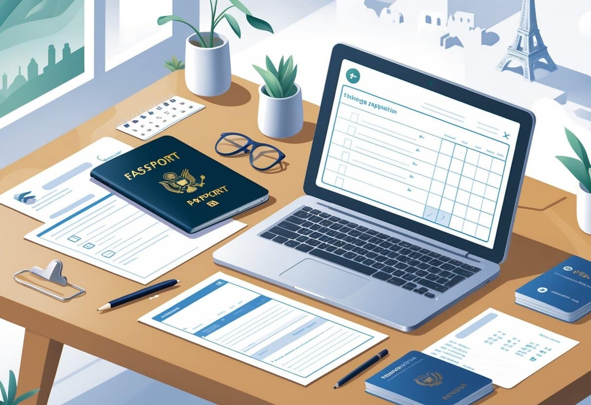 A workspace with documents, a passport, a pen, a checklist, and a laptop arranged neatly on a desk, with faint images of European landmarks in the background.