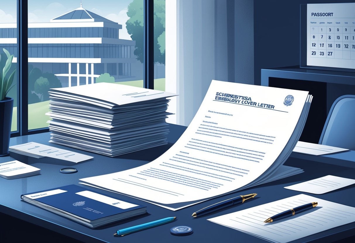 A desk with a cover letter, documents, a pen, a passport, and a calendar, with an embassy building visible through a window in the background.
