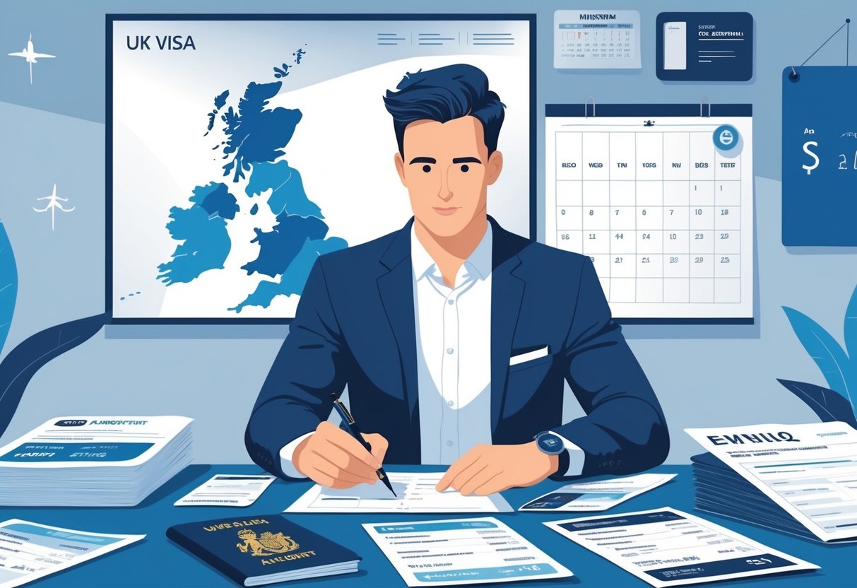A person at a desk reviewing travel documents and bank statements with a UK map and calendar in the background.