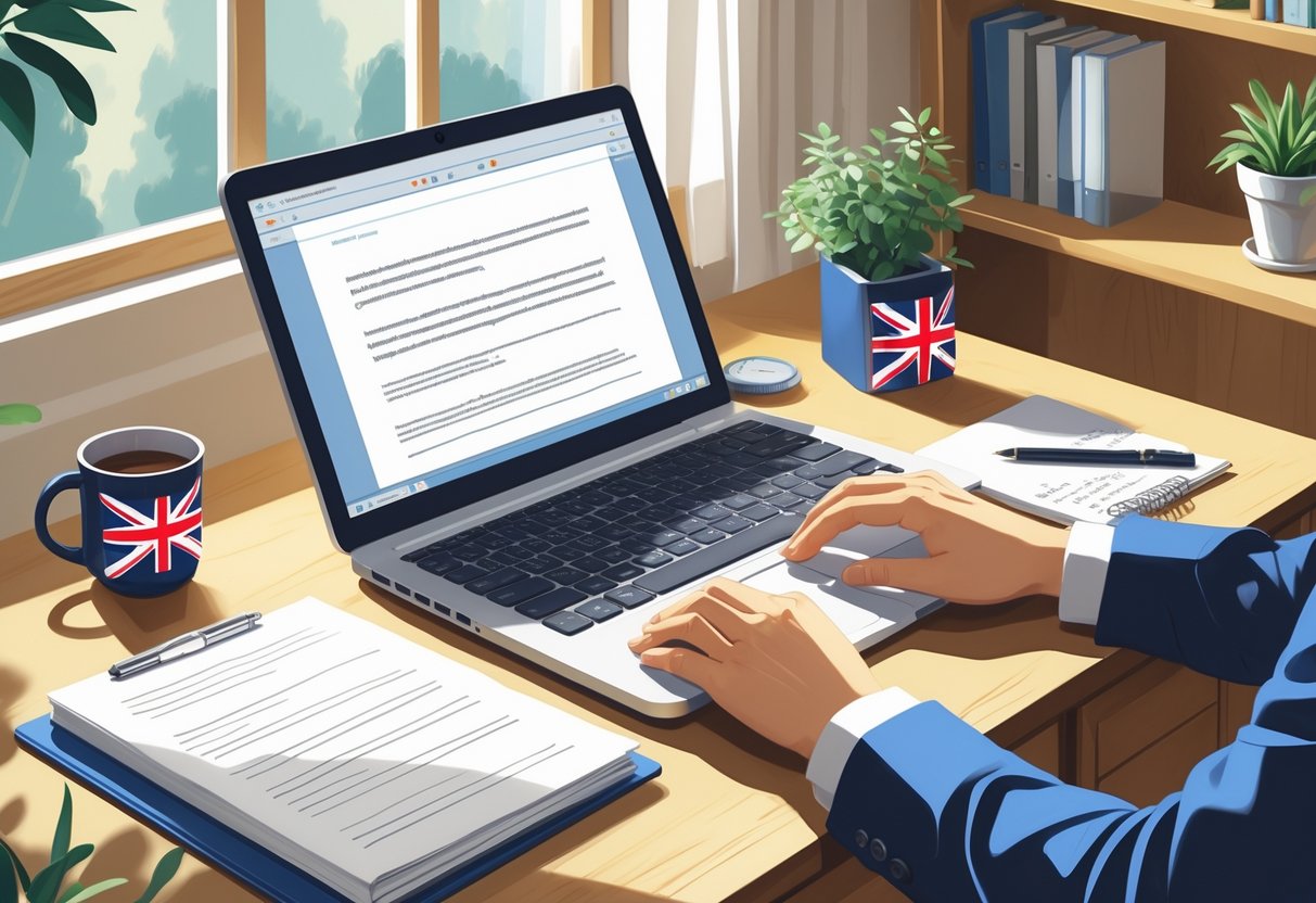 A tidy workspace with a laptop, notebook, pen, and a small British flag ornament, showing hands typing on the keyboard in a bright room.