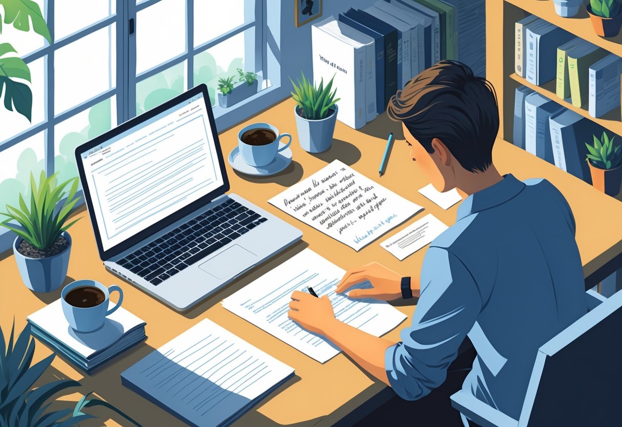 A person working at a desk with a laptop, papers, and books, preparing a cover letter in a well-lit, organized workspace.