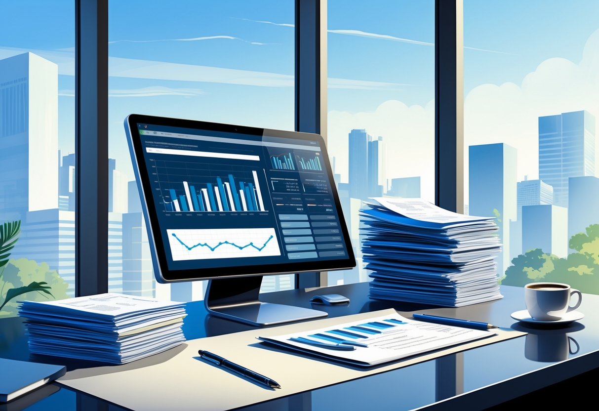 A modern workspace with a laptop showing financial charts, documents, a pen, and a coffee cup on a desk, with a city skyline visible through a large window.