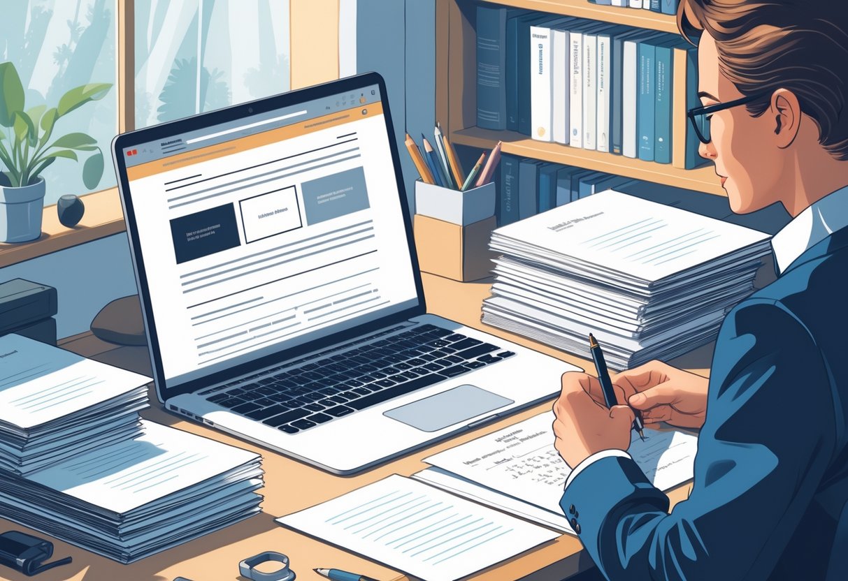 A person sitting at a desk with a laptop, manuscripts, and notes, researching publishers and preparing a cover letter.