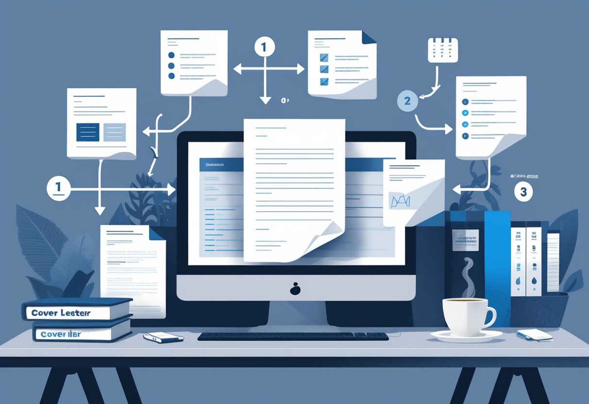 A tidy workspace with a laptop, papers, and floating charts illustrating the process of writing an investment banking cover letter.