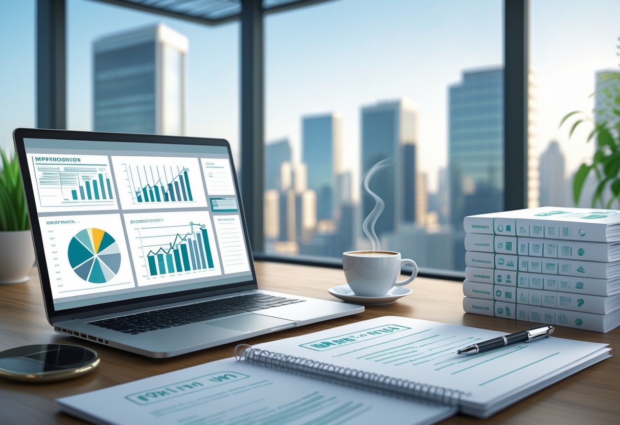 A tidy office desk with a laptop showing financial charts, an open notebook with notes, documents related to finance, a pen, and a coffee cup, set against a city skyline through a large window.