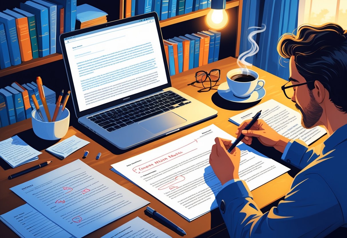 A writer sitting at a desk reviewing a cover letter with correction marks, surrounded by papers, a laptop, and books.