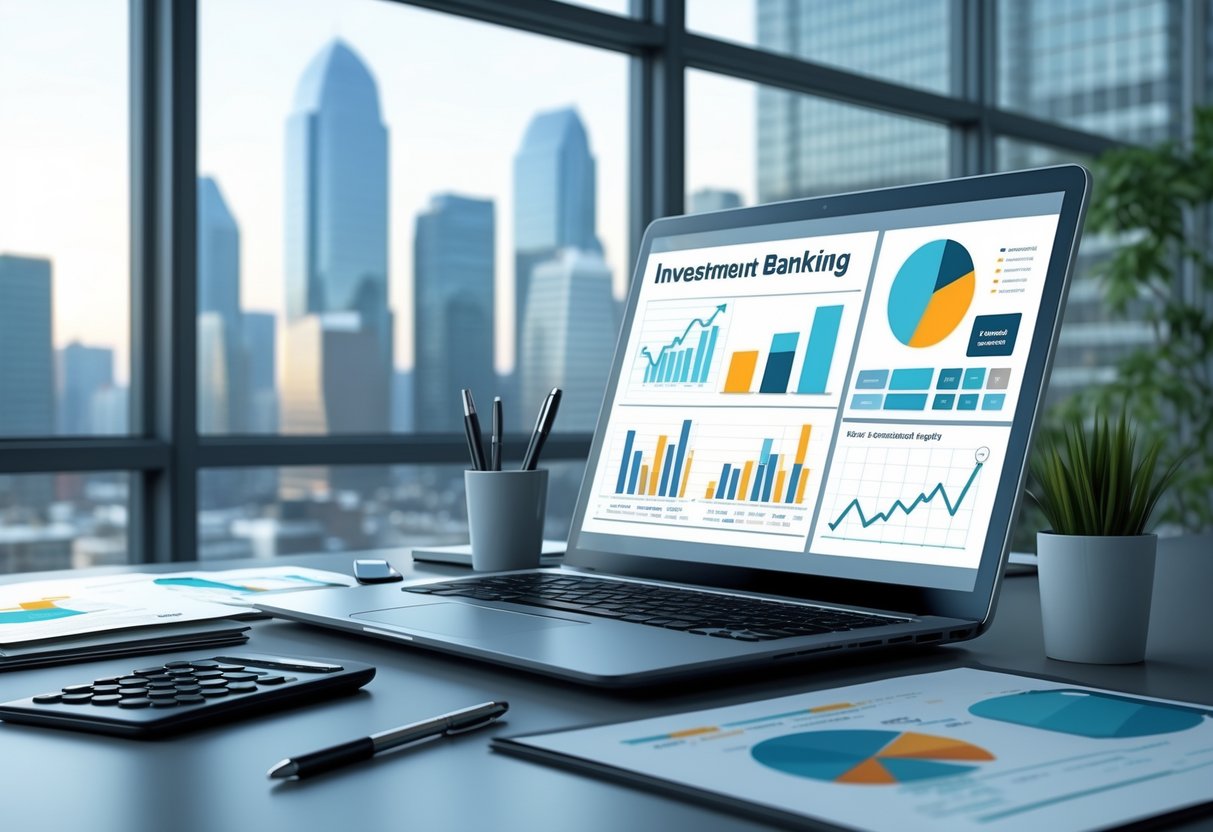 A modern office desk with a laptop showing financial charts, documents, and a calculator, with a city skyline visible through a window in the background.