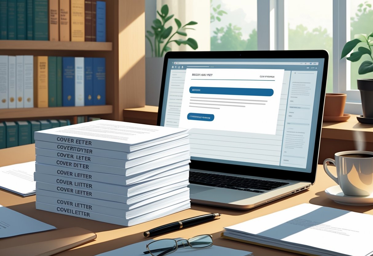 A tidy desk with papers, a laptop showing an email interface, a pen, notebook, coffee cup, and bookshelf, representing the process of submitting short story cover letters.
