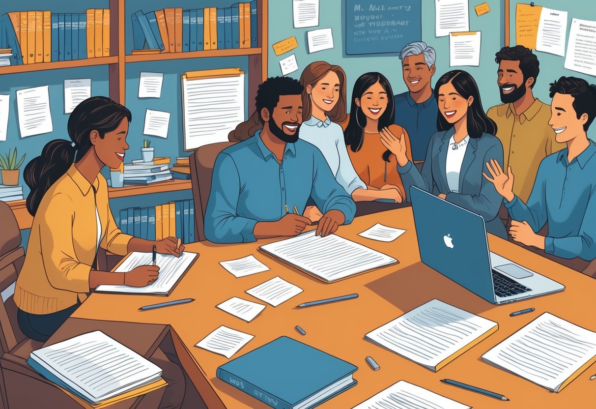 A writer at a desk working on a cover letter while a small group nearby offers feedback and support in a cozy room filled with books and notes.