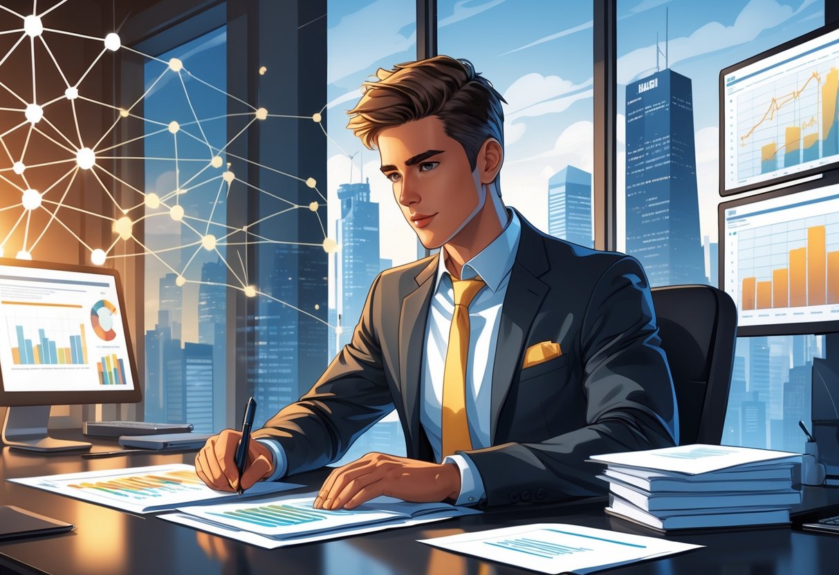 A businessperson sitting at a desk reviewing documents with financial charts and a city skyline visible through a window behind them.