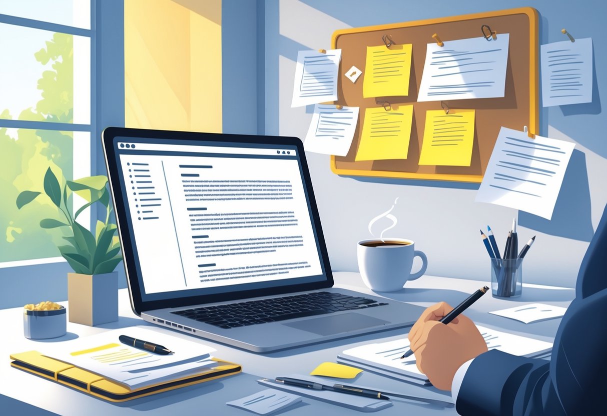A workspace with a laptop, notebook, pen, and coffee cup arranged neatly on a desk, suggesting someone is writing a proposal cover letter.