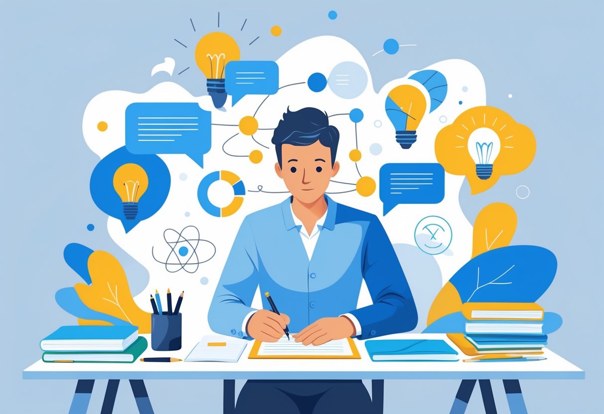 A person sitting at a desk writing a proposal cover letter, surrounded by symbols of communication and creativity like speech bubbles and light bulbs.
