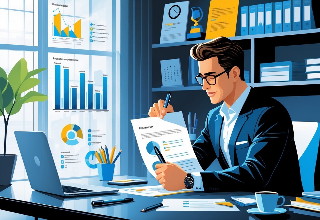 A businessperson at a desk reviewing a proposal document, surrounded by charts, awards, and office supplies in a well-lit workspace.