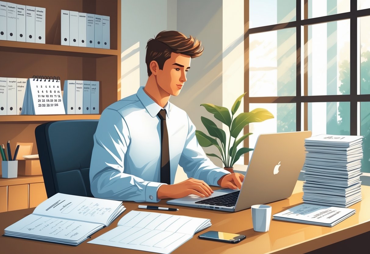 A person working at a desk with a laptop, notebook, calendar, and documents, symbolizing preparation and follow-up for interviews.