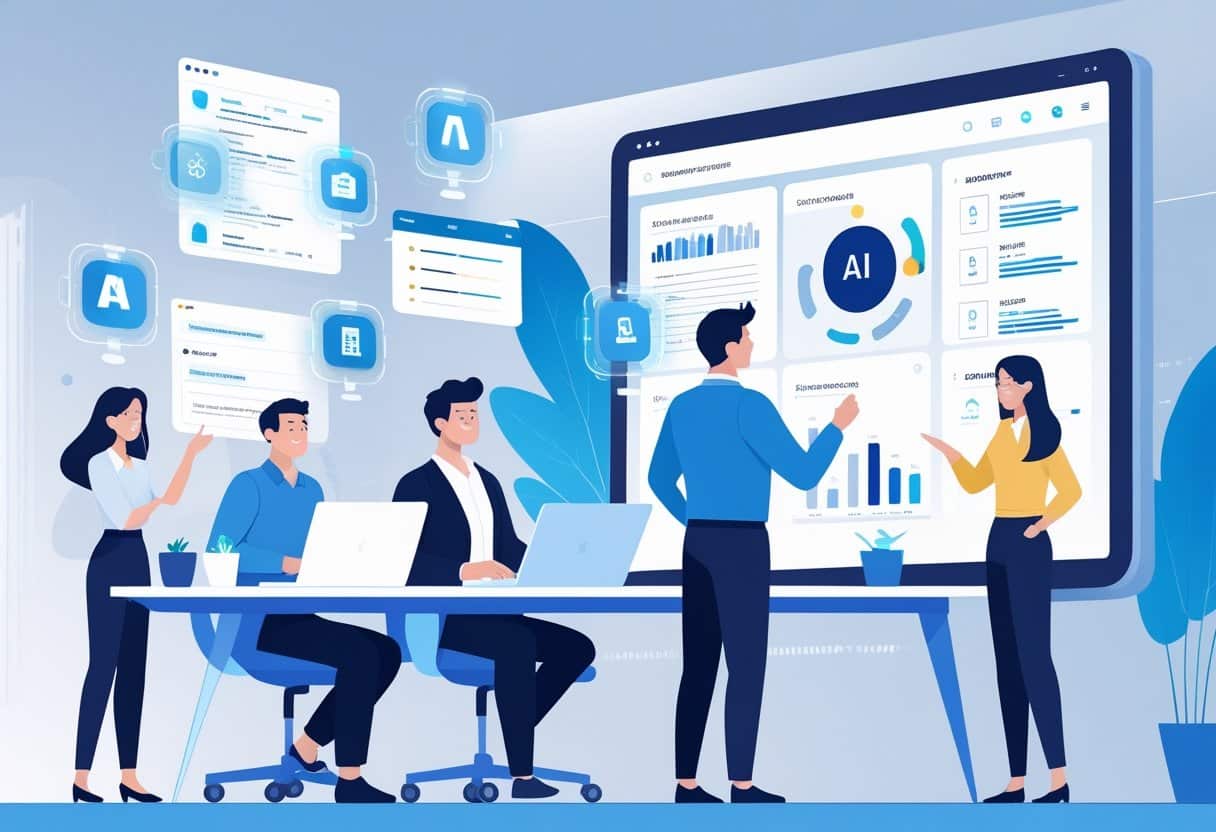 Which AI Is Best for Resume Writing? Top Tools Compared for 2025 1 People collaborating in a modern office with laptops and digital screens showing resume designs and AI-related icons.