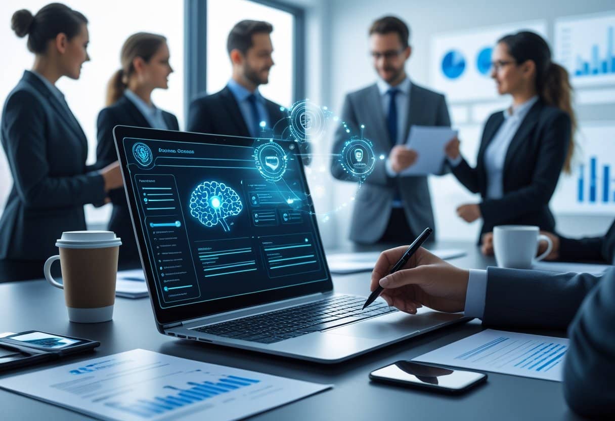 A modern office scene with a laptop showing AI icons, professionals discussing resumes, and floating data visuals.