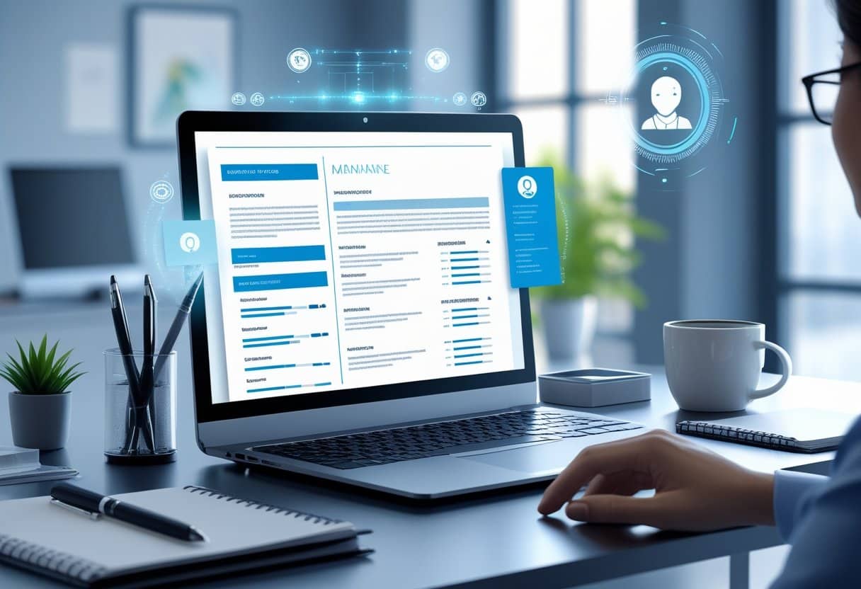 A modern office desk with a laptop showing a resume layout, surrounded by stationery and digital icons representing AI assistance.