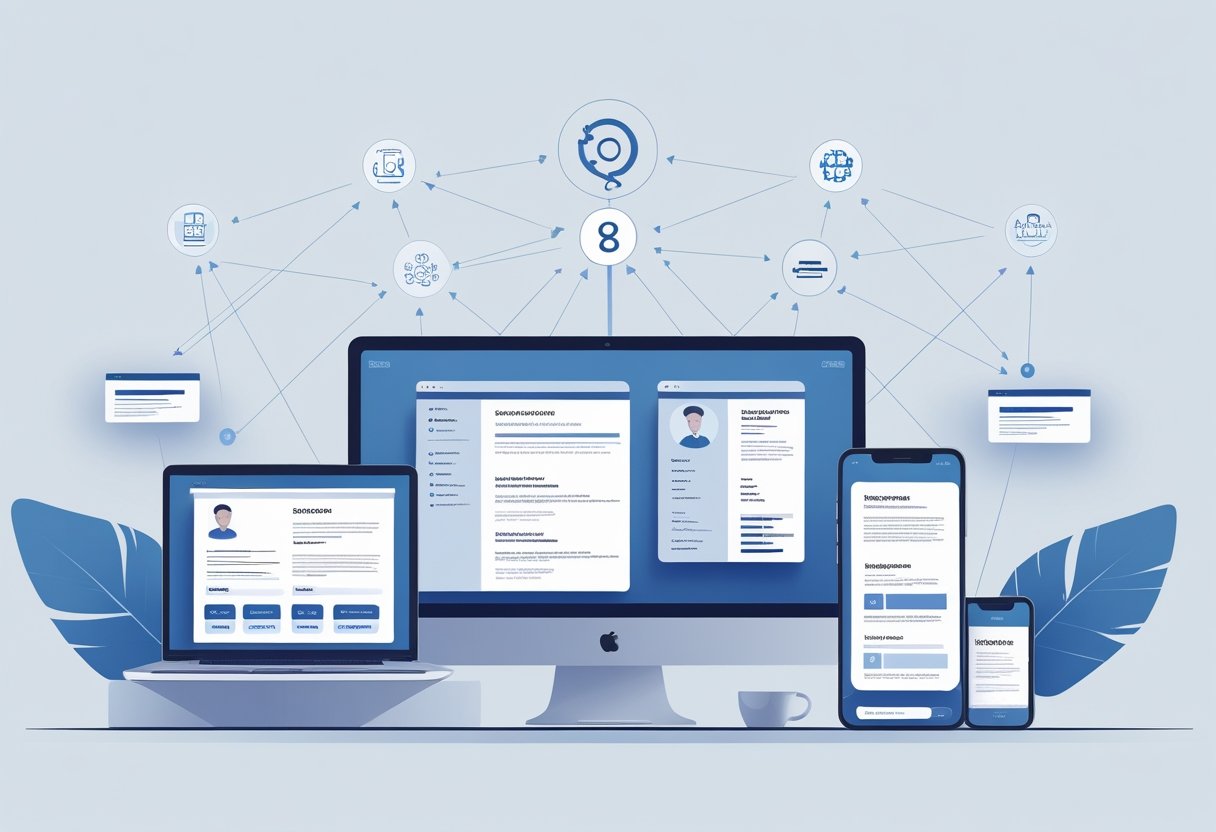 A workspace with a laptop, tablet, and smartphone showing resume templates, surrounded by icons of web browsers and platforms, connected by a network diagram representing AI tools for resume writing.