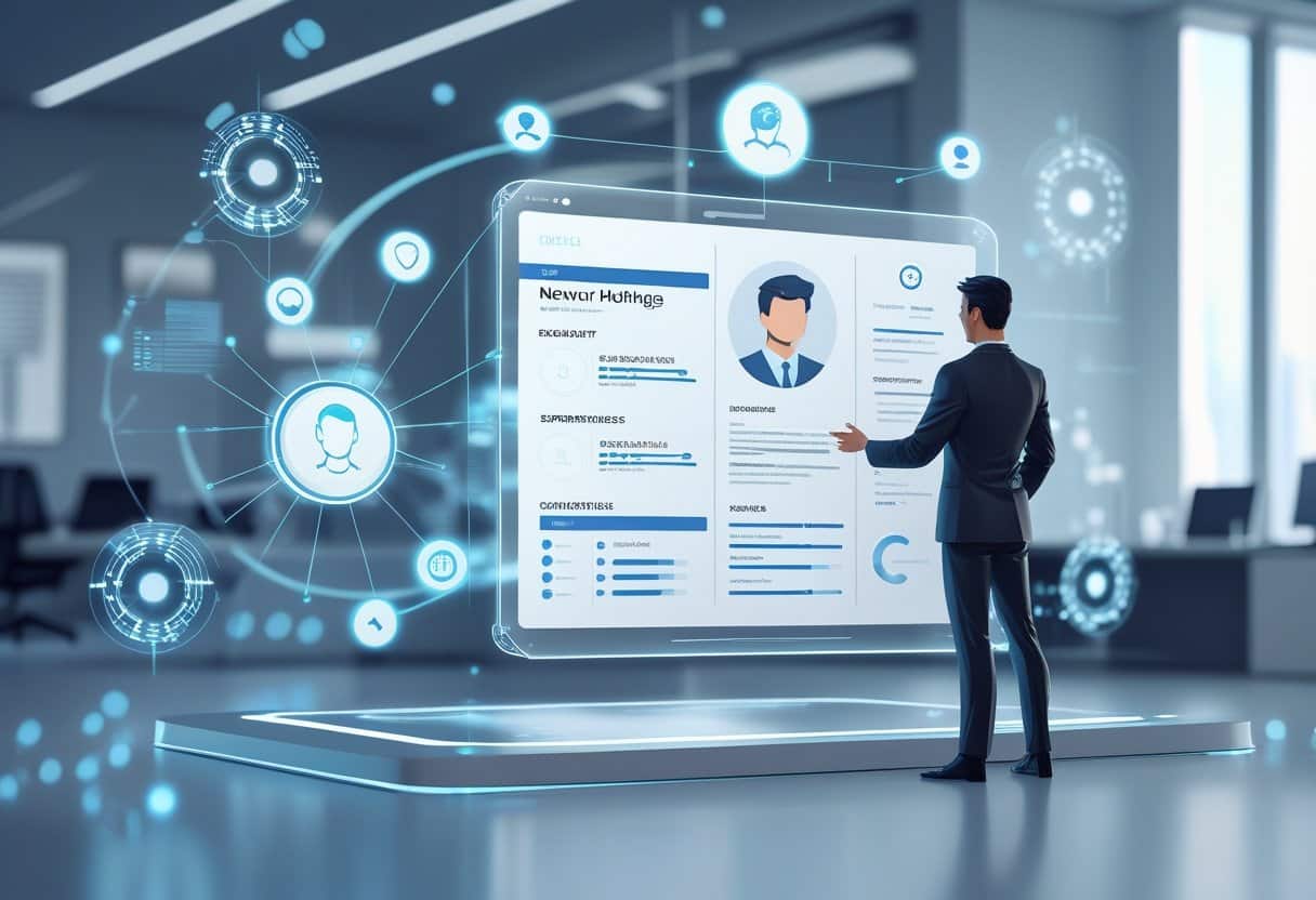 A person interacting with a holographic digital resume surrounded by AI icons and neural network patterns in a futuristic office.