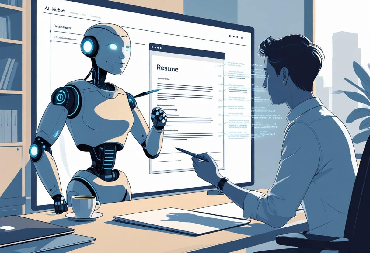 A person at a desk reviewing a digital resume on a transparent screen while a robot assistant displays text suggestions nearby in an office setting.