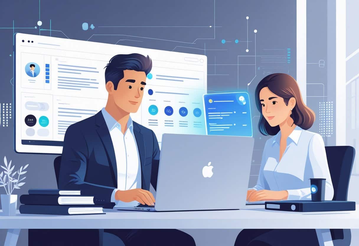 A man and a woman working on their laptops in an office, with the man appearing more engaged with AI technology for resume writing.