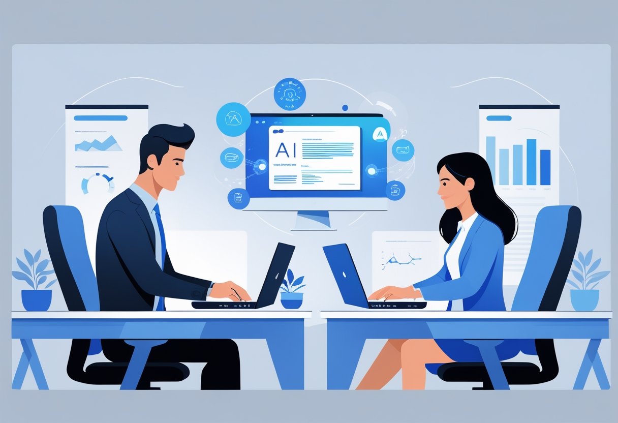 A man and a woman working separately at desks with laptops, the man surrounded by digital AI elements indicating AI-assisted resume writing.
