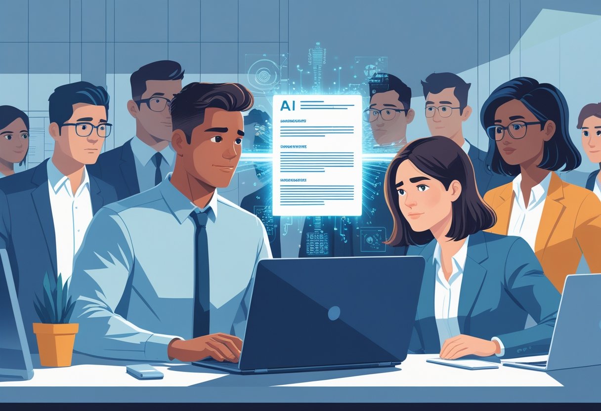 A man confidently uses a laptop with AI-generated content while a woman looks on with concern in a modern office setting.