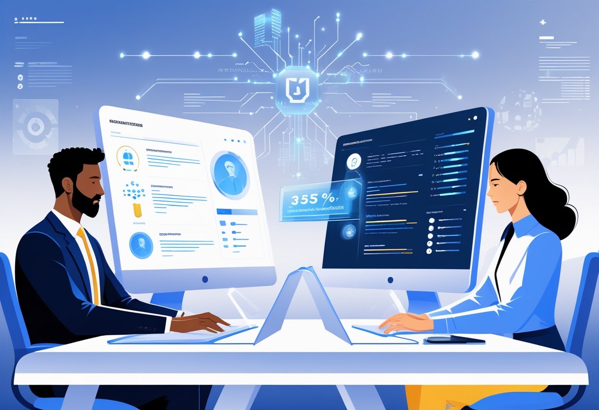 Two professionals, a man and a woman, working at desks with futuristic screens showing AI-generated resume content and data visuals in a modern office setting.