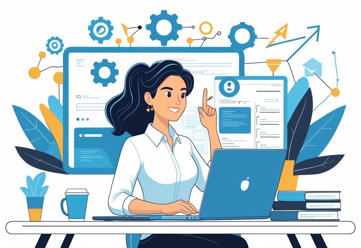 A person working at a desk on a laptop surrounded by tech-related items and digital icons symbolizing career growth and technology.