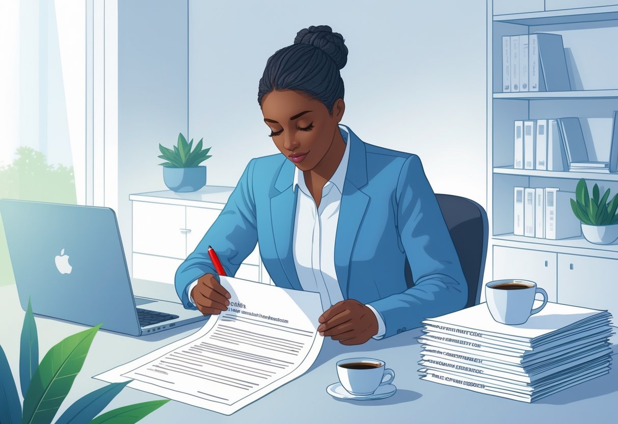 Person proofreading a cover letter at a desk with a laptop and documents, preparing to submit a job application.