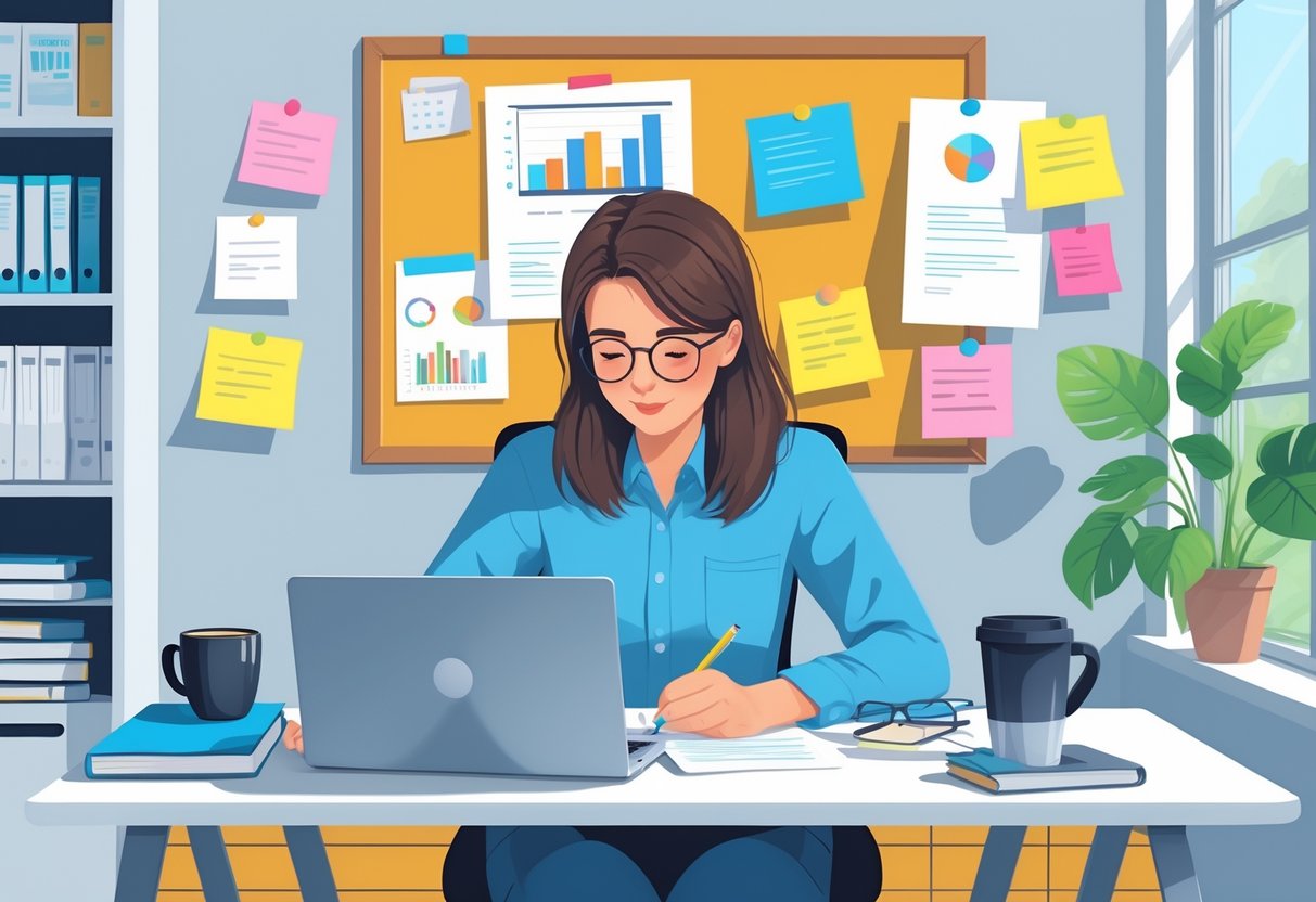 A young adult writing a cover letter on a laptop at a desk in a bright home office with marketing materials and a bulletin board in the background.
