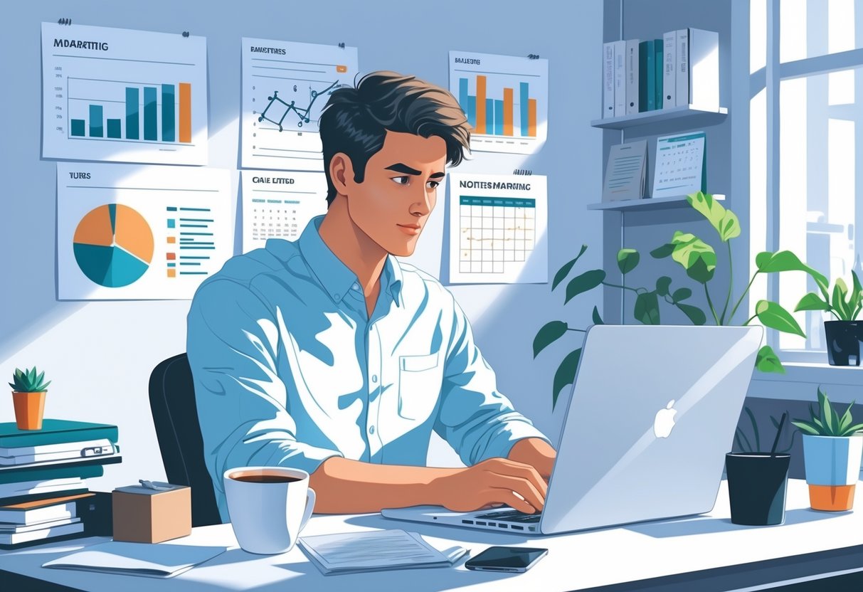 A young adult writing a cover letter on a laptop at a desk in a bright home office with marketing charts and a calendar on the wall.