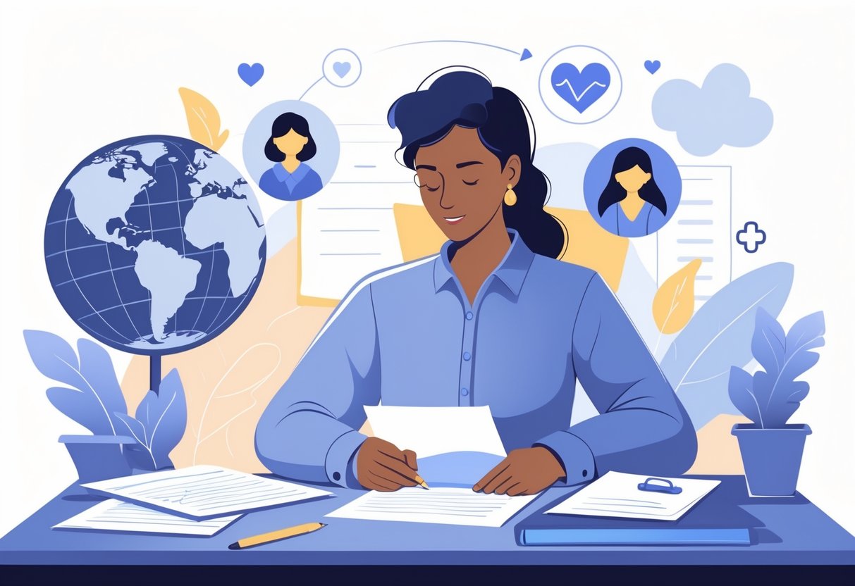 Writing a Cover Letter for a Nonprofit Organization Role: Essential Tips for Success 1 A person writing at a desk with a laptop and papers, surrounded by symbols representing nonprofit work like a globe and heart icons.
