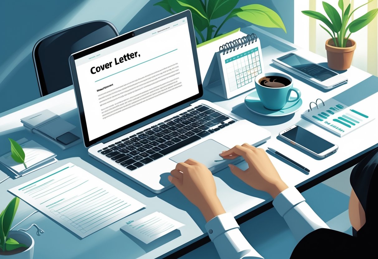 A tidy workspace with a laptop, notes, coffee cup, and calendar, showing someone preparing an entry-level marketing cover letter.