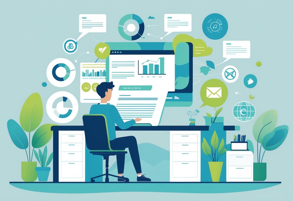A young professional working at a desk with a laptop, surrounded by marketing-related icons like charts and social media symbols in an office setting.
