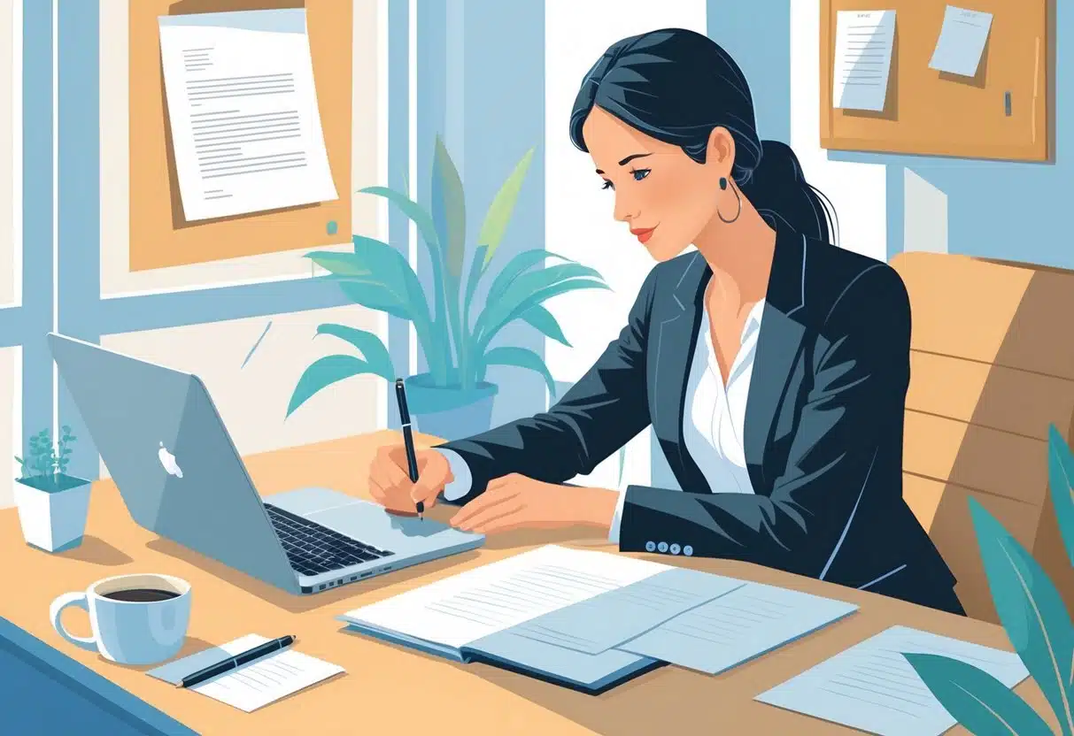 Writing a Cover Letter for a Nonprofit Organization Role: Essential Tips for Success 2 A person sitting at a desk writing a cover letter with a laptop, notebook, and coffee cup nearby, in a calm workspace.