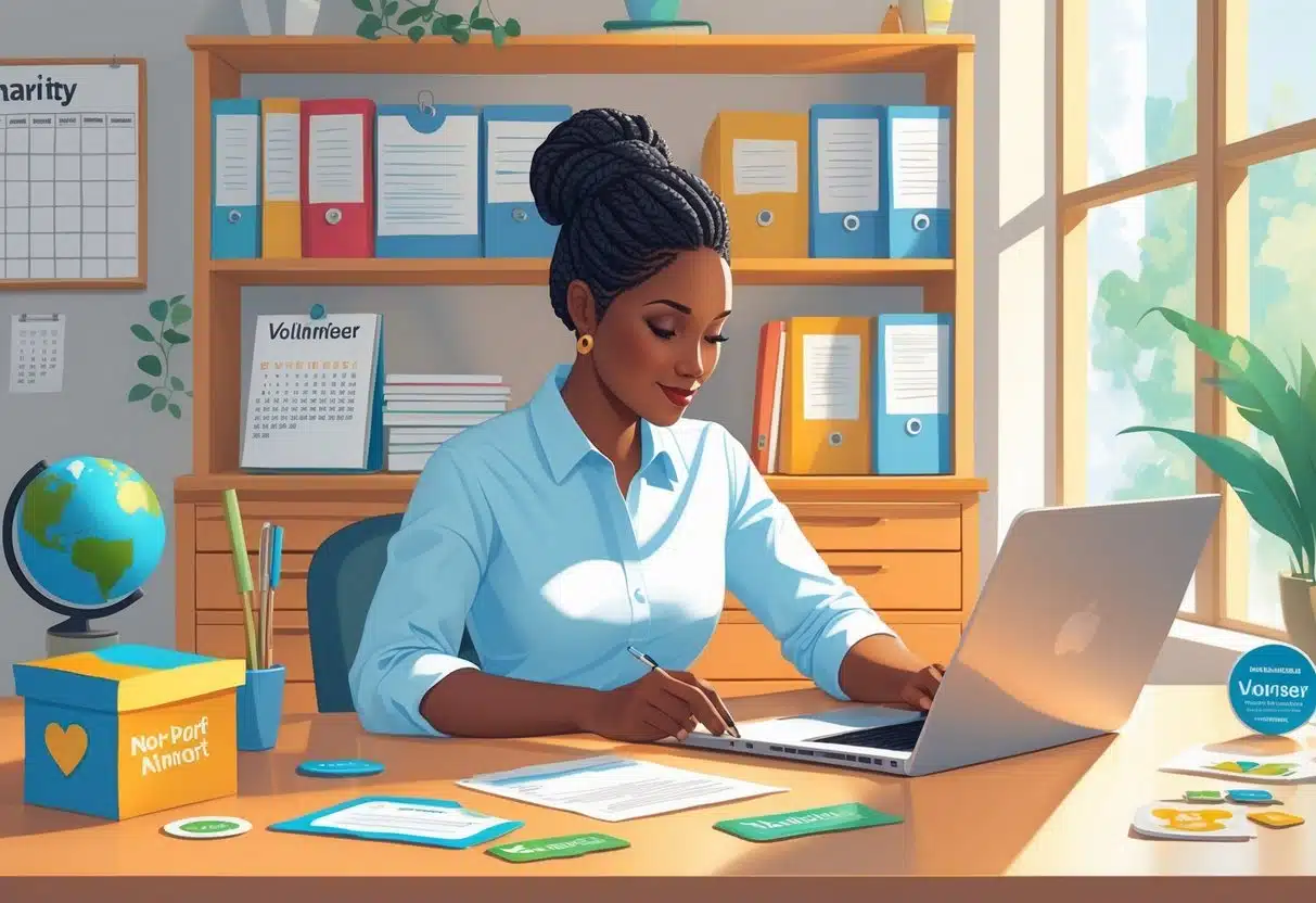Writing a Cover Letter for a Nonprofit Organization Role: Essential Tips for Success 3 A person writing a cover letter at a desk with nonprofit-related items like a donation box and volunteer badges in a bright office.