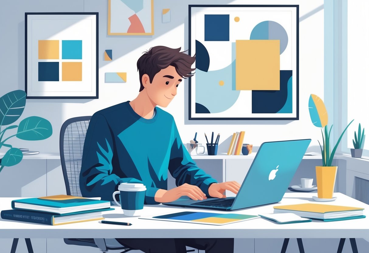 A freelance graphic designer working at a desk with a laptop and design tools in a bright, tidy room.