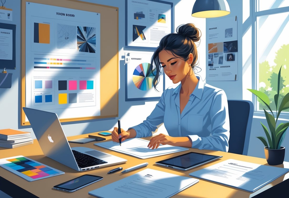 A freelance graphic designer working at a desk with a laptop and design tools, focused on writing a cover letter.