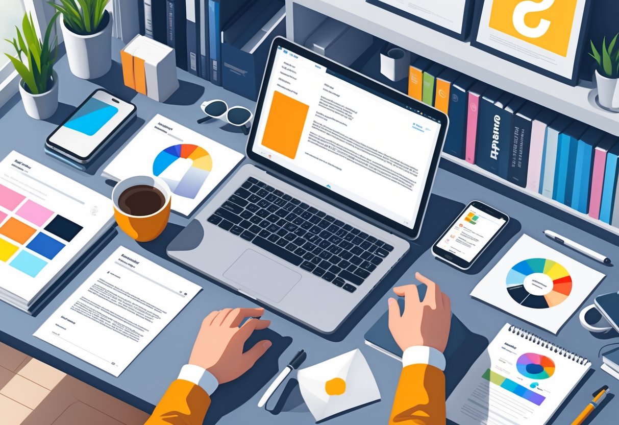 A freelance graphic designer working at a desk with a laptop, tablet, sketchbooks, and design materials arranged around them.
