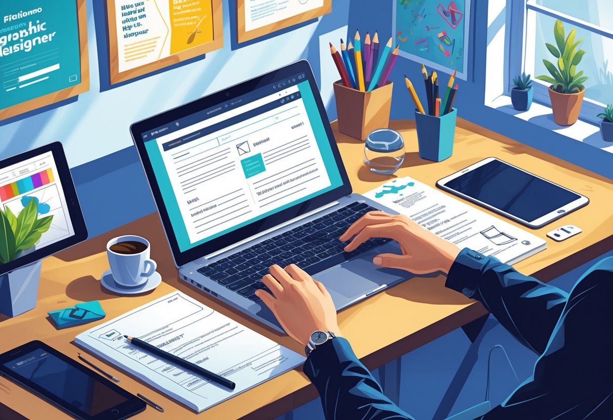 A workspace showing a freelance graphic designer typing on a laptop with design tools, a notebook, and creative artwork around.