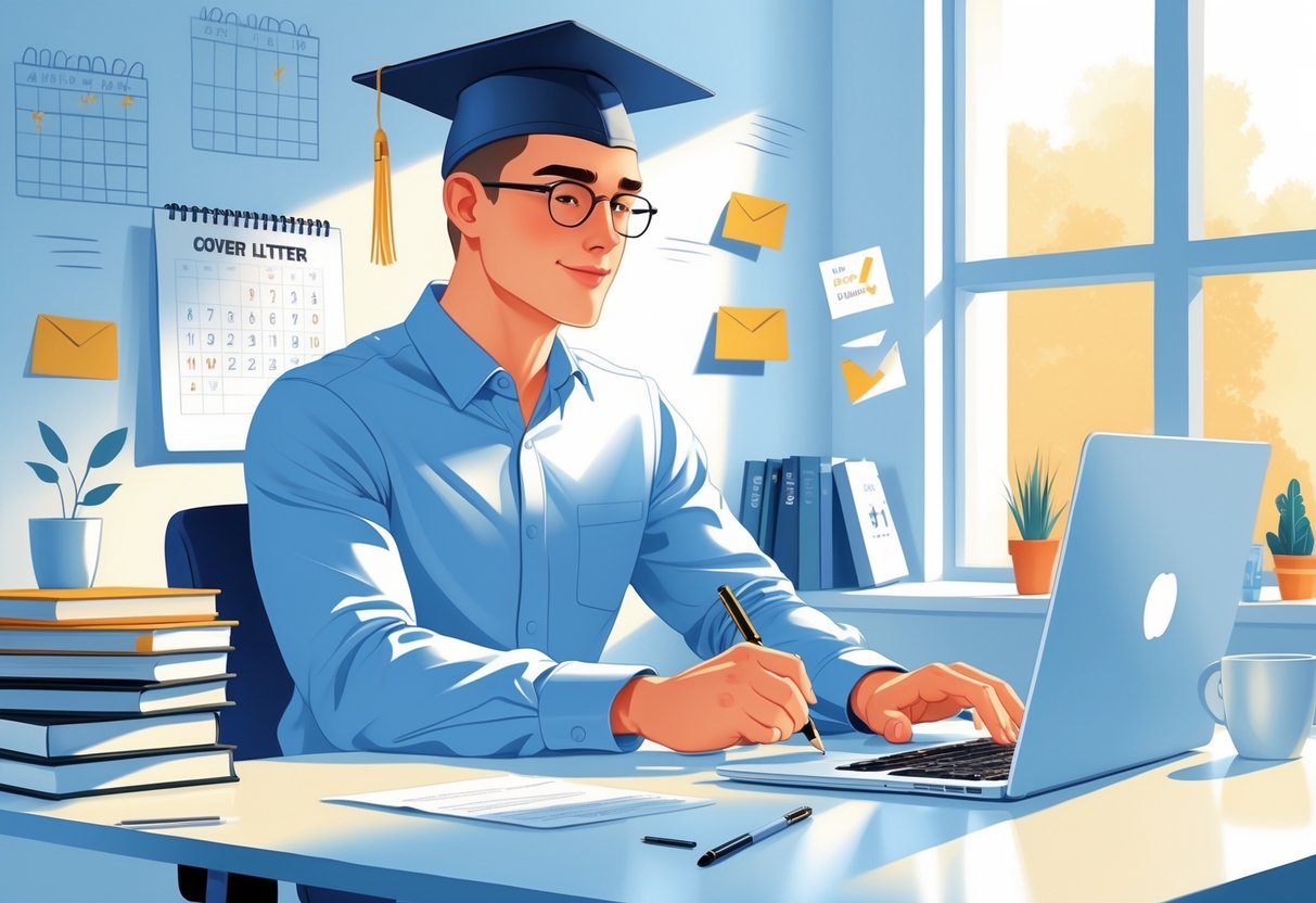 Cover Letter Strategies for High School Graduates: Essential Tips for Successful Applications 1 A high school graduate sitting at a desk writing a cover letter on a laptop, surrounded by books and symbols of career opportunities in a bright room.