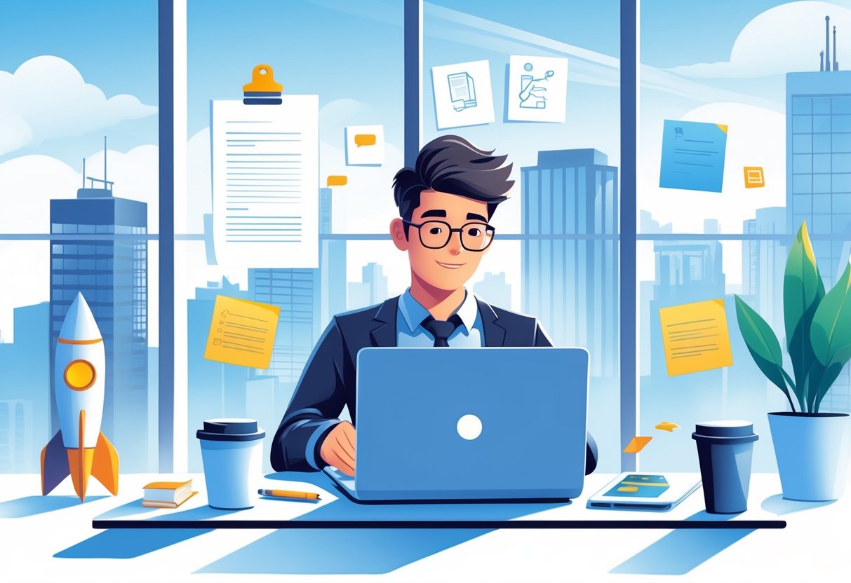 Tips for Writing a Cover Letter for a Startup Company: Strategies to Stand Out and Impress 1 A person working at a desk with a laptop, surrounded by startup-related items like a rocket model and sticky notes, in an office with a city view.