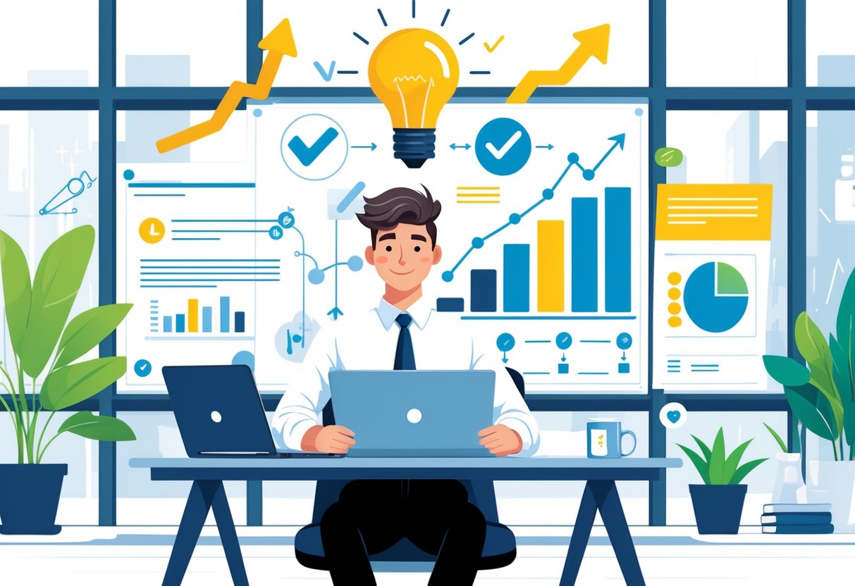 A young professional writing a cover letter on a laptop in a bright startup office with symbols of achievements and ideas around them.