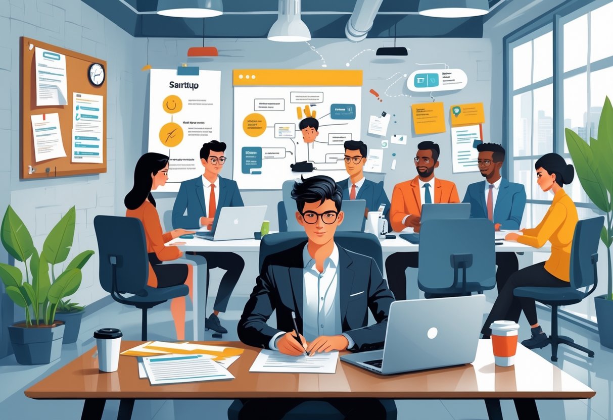 A young professional writing on a laptop in a modern office while a diverse team collaborates in the background.
