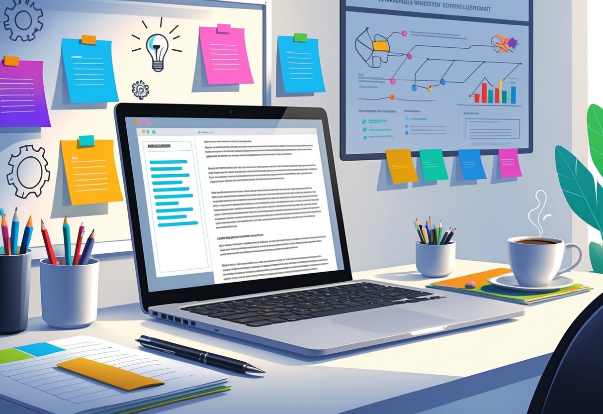 A workspace with a laptop, notebook, pen, coffee cup, and a board with sticky notes and diagrams, representing someone preparing a cover letter for a startup.